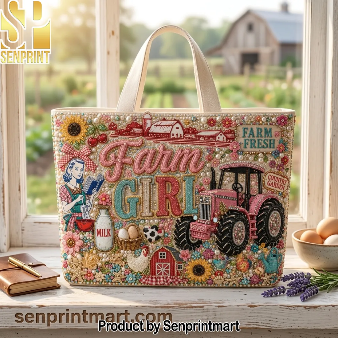 Farm Girl Farm Fresh Country Garden Embellished Tote Bag
