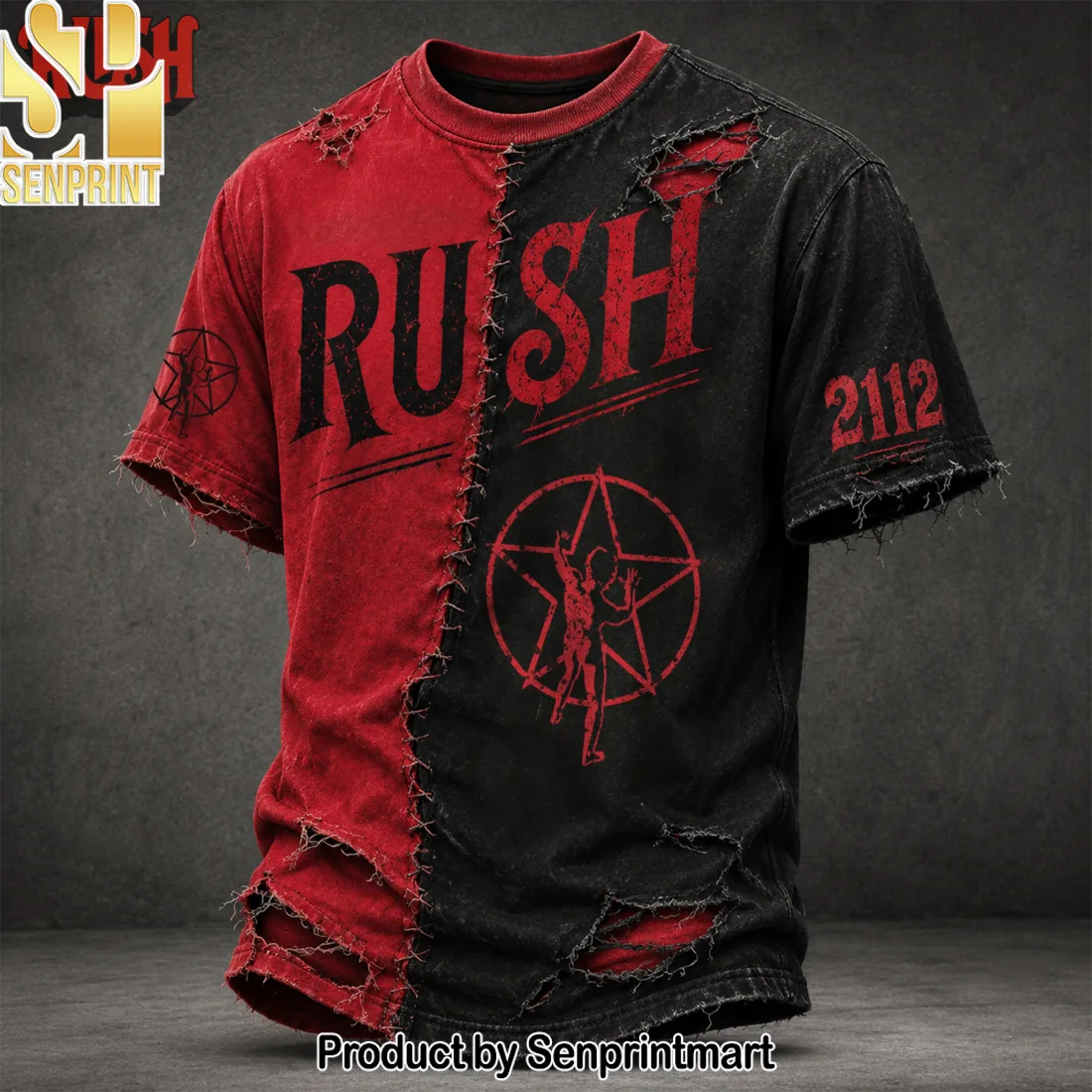 Rush 2112 Starman Rock Band Distressed Split Red and Black Vintage Grunge T-Shirt