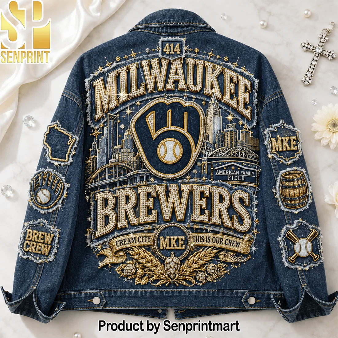 Milwaukee Brewers MKE Brew Crew Premium Rhinestone Gold Embroidered Luxury Denim Jacket