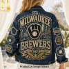 Milwaukee Brewers MKE Brew Crew Premium Rhinestone Gold Embroidered Luxury Denim Jacket