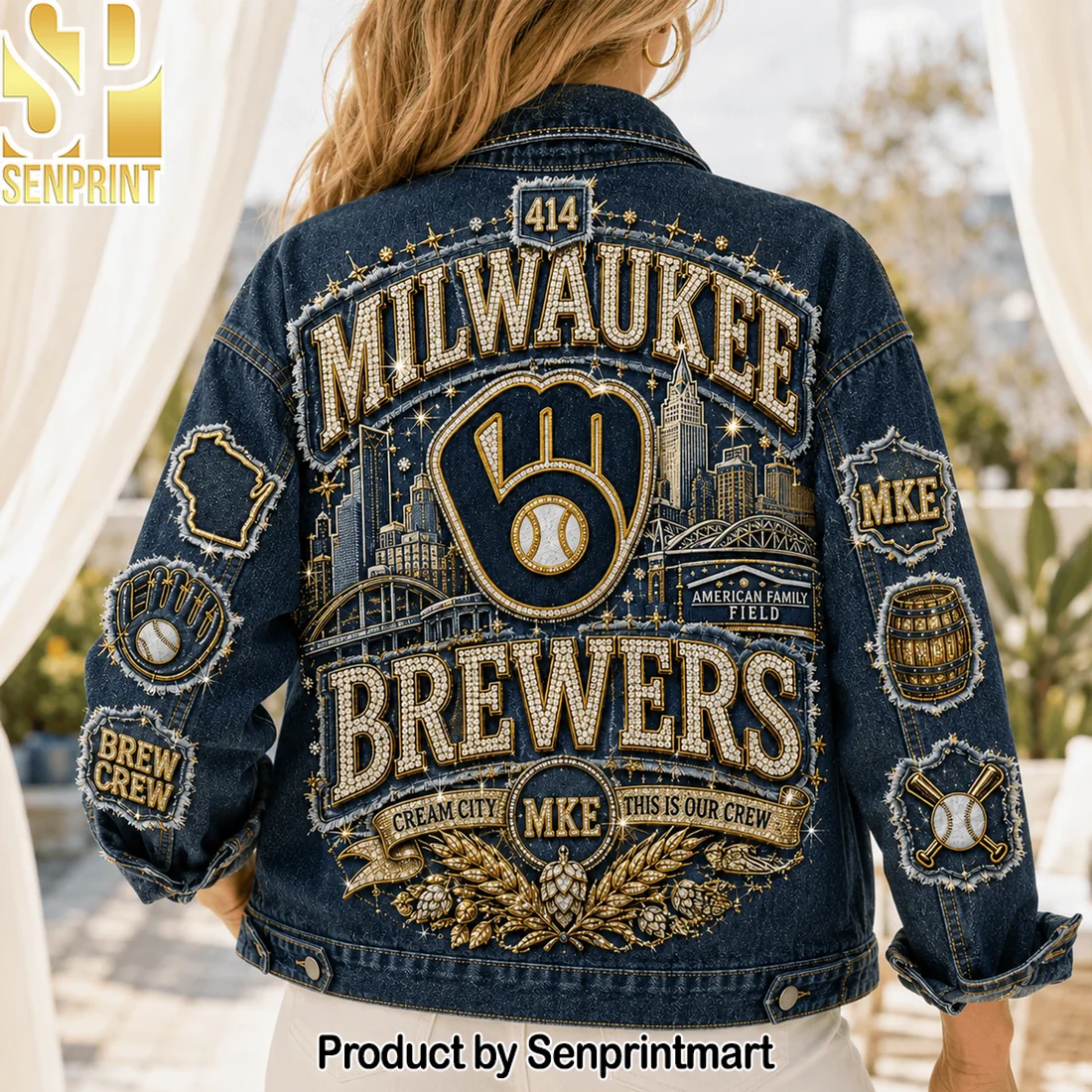 Milwaukee Brewers MKE Brew Crew Premium Rhinestone Gold Embroidered Luxury Denim Jacket Milwaukee Brewers MKE Brew Crew Premium Rhinestone Gold Embroidered Luxury Denim Jacket