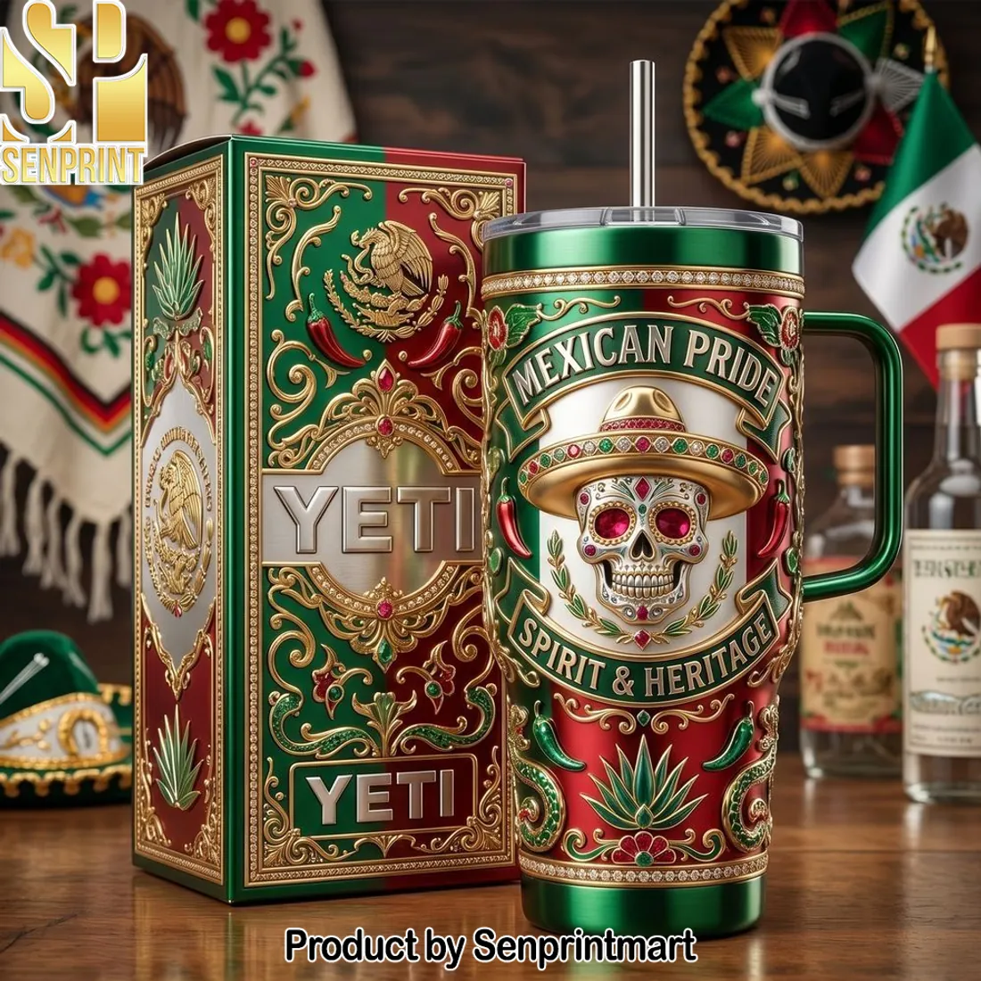 Mexican Pride Spirit & Heritage 3D Sugar Skull 40oz Tumbler With Handle