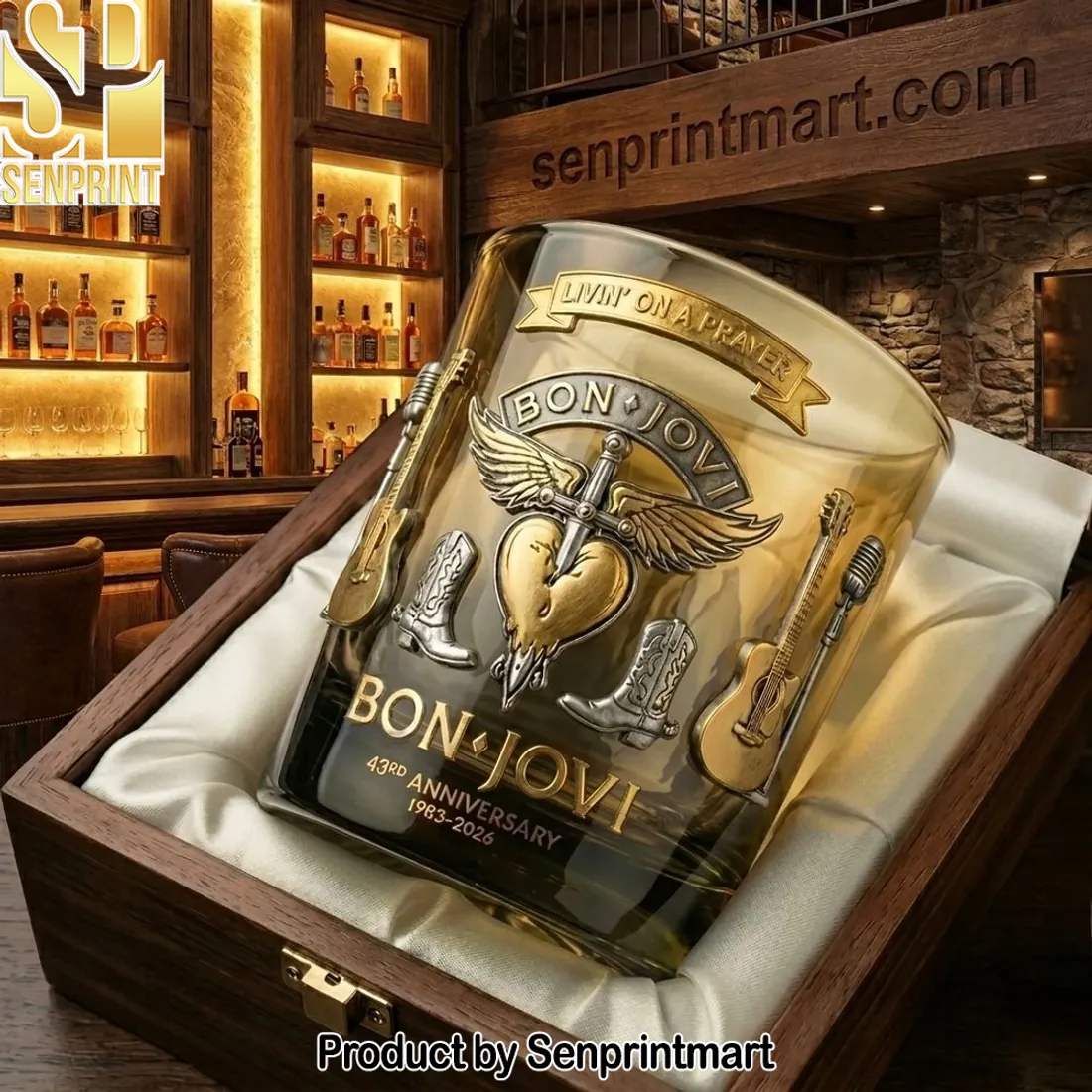 Bon Jovi Livin’ On A Prayer 43rd Anniversary Commemorative Premium 3D Whiskey Glass
