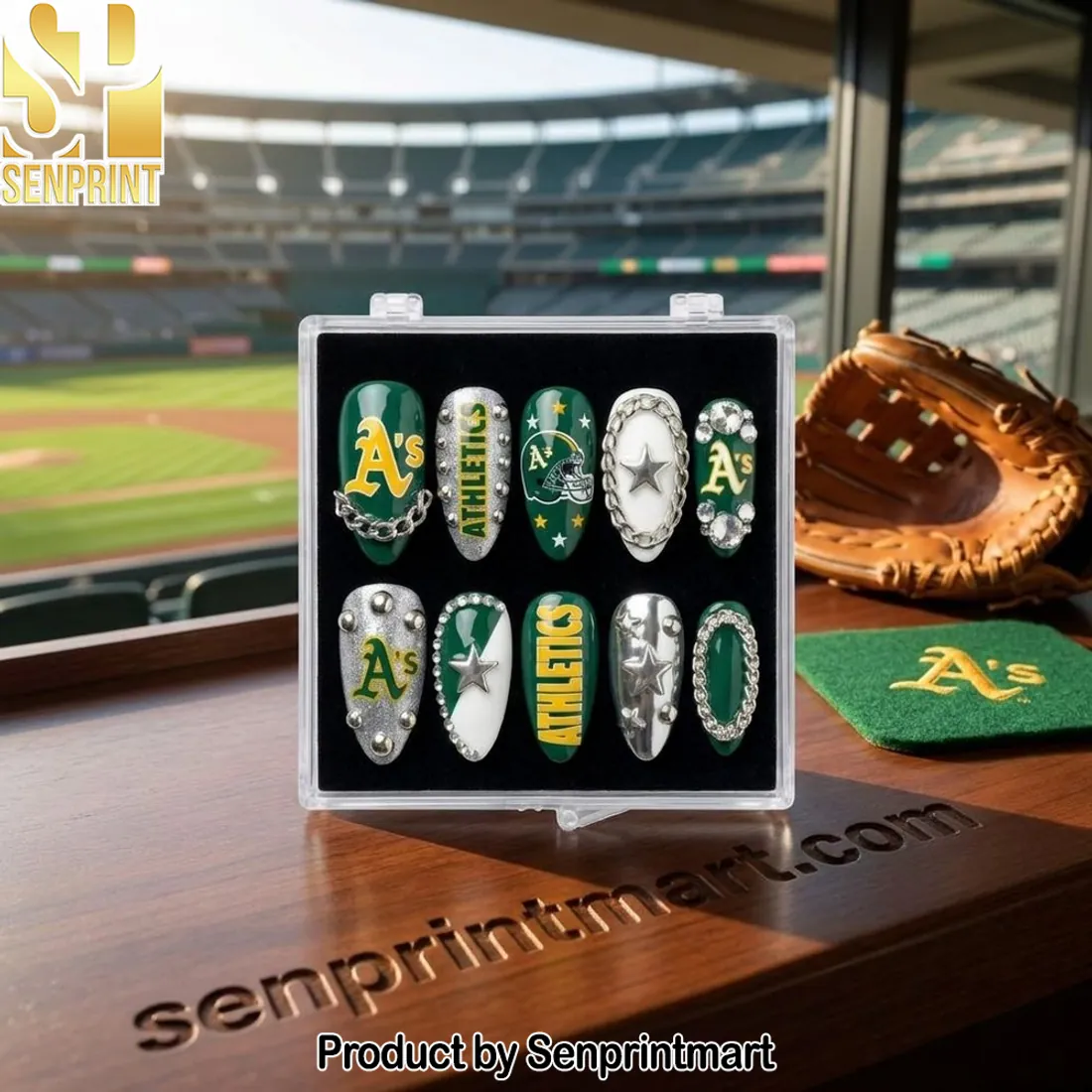 Oakland Athletics A’s Green Gold Studded Press-On Nails