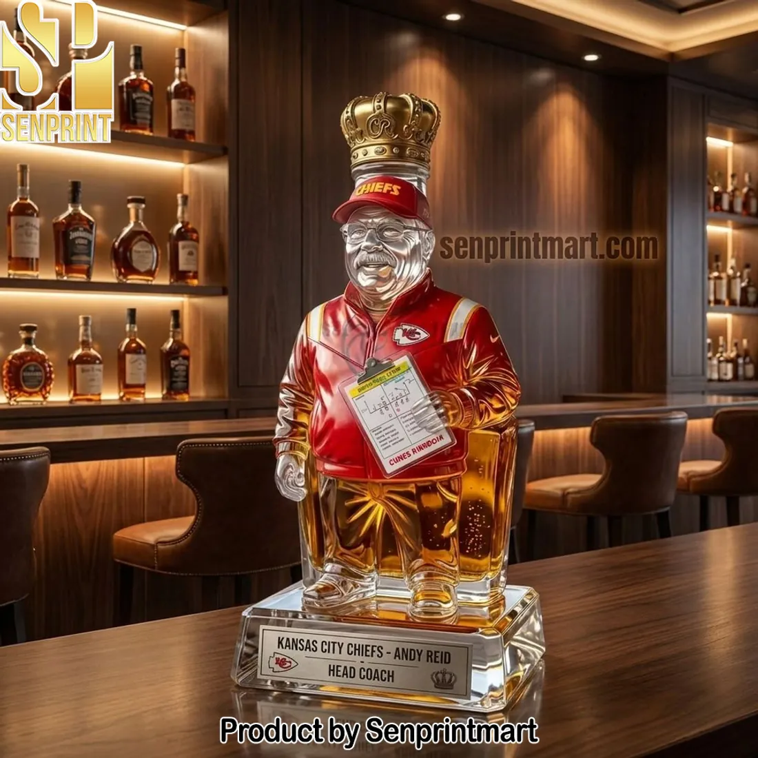 Kansas City Chiefs Andy Reid Head Coach Crowned Glass Whiskey Bottle