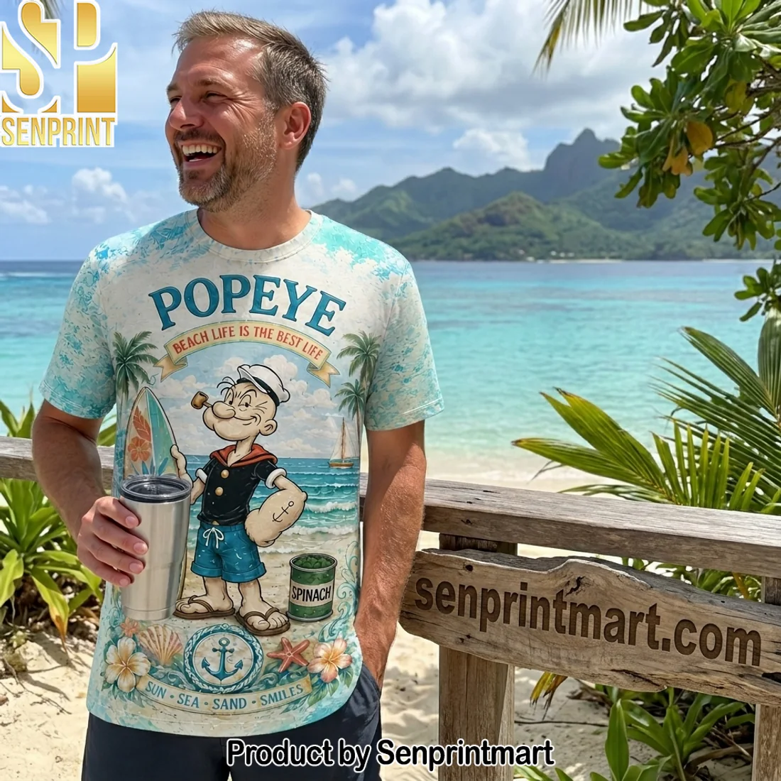 Popeye the Sailor Seavacation Funny Retro Cartoon Tropical Beach Graphic T-Shirt