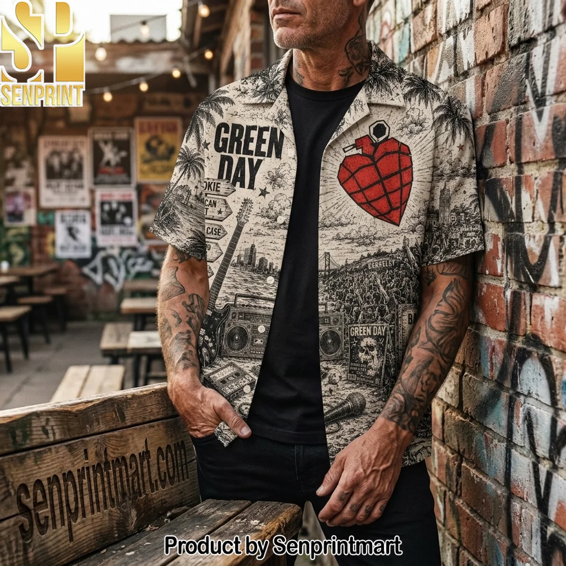Green Day American Idiot Punk Rock Vintage Sketch Graphic Short Sleeve Hawaiian Shirt