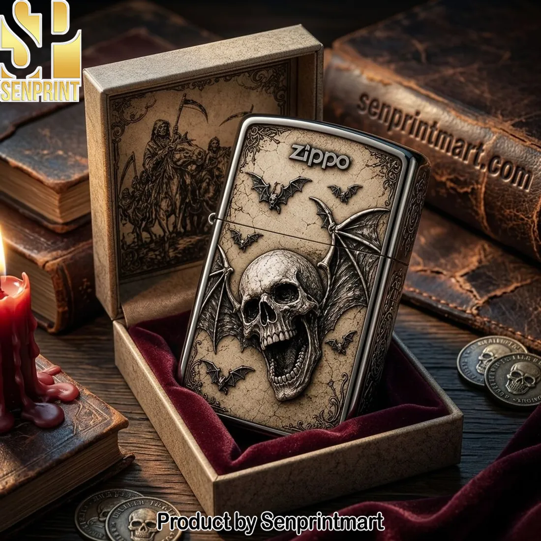 Gothic Skull and Bat Wings Vintage Antique Silver Zippo Lighter