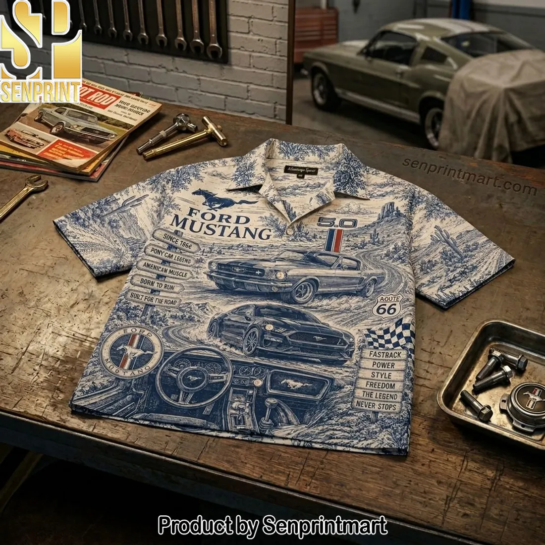 Ford Mustang Classic Car Toile Pattern Hawaiian Shirt