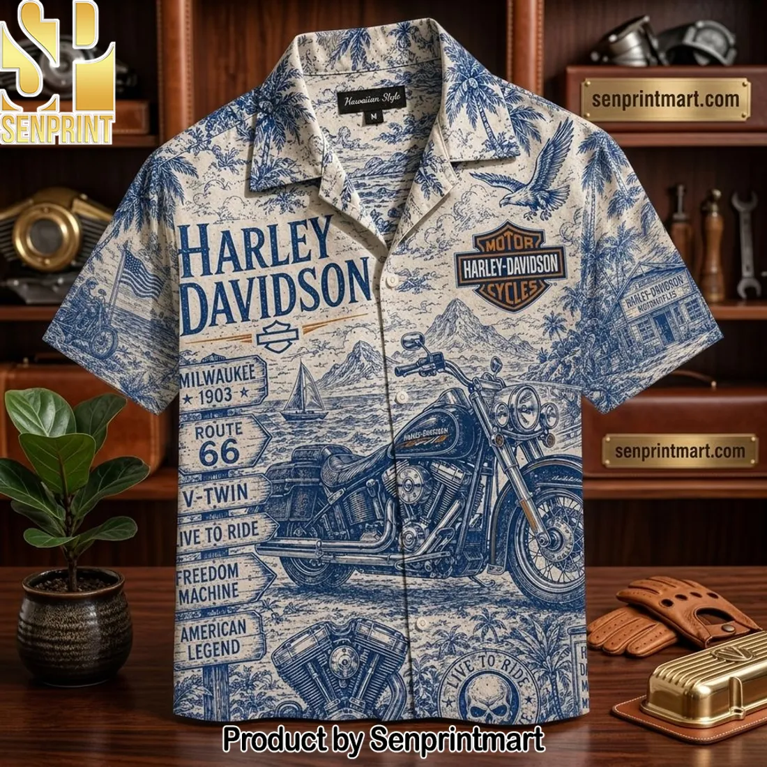 Harley Davidson Route 66 Vintage Motorcycle Hawaiian Shirt