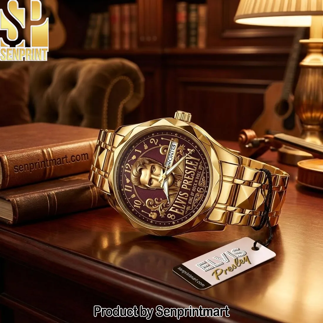 Elvis Presley King of Rock ‘n’ Roll Gold Stainless Steel Watch