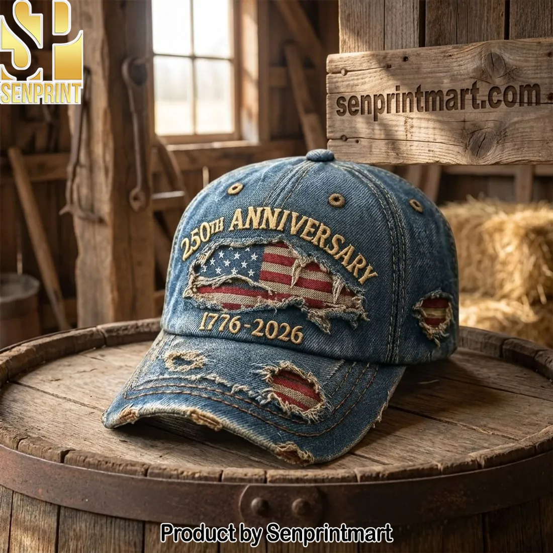th Anniversary 1776-2026 American Flag Distressed Denim Baseball Cap