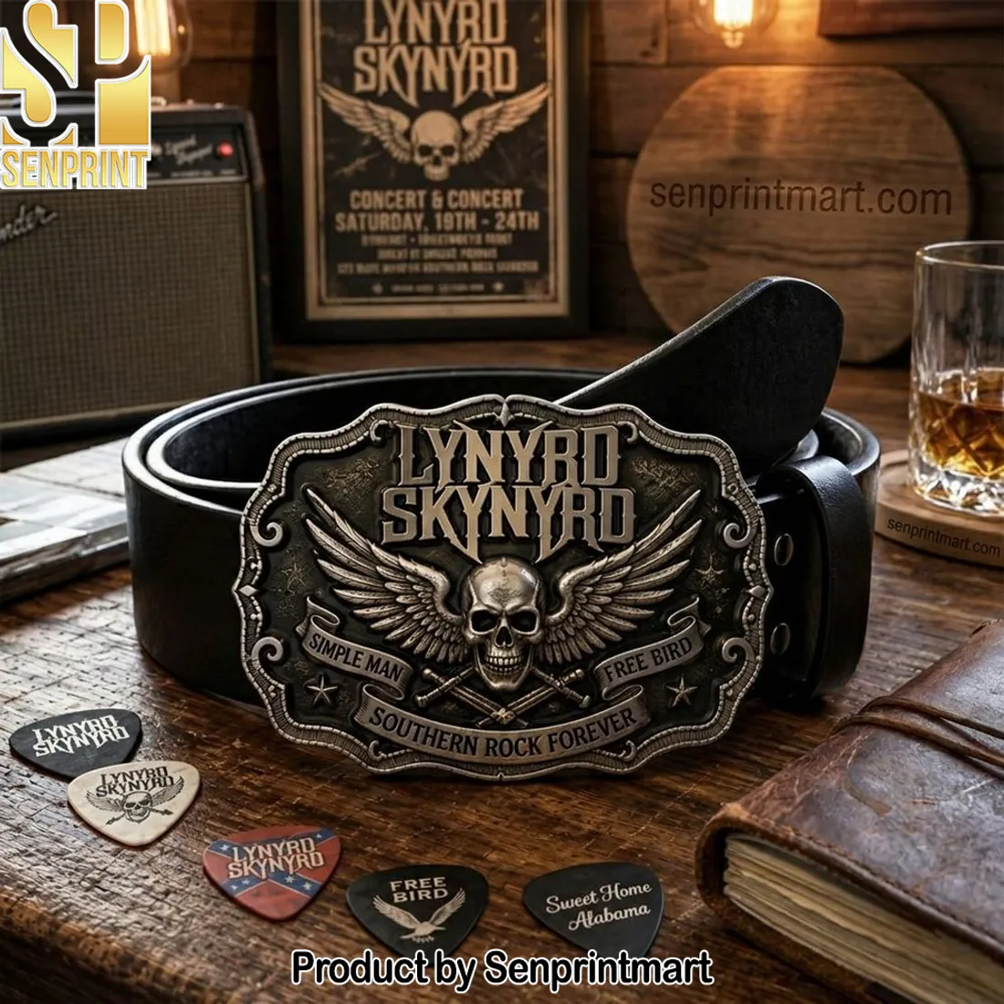 Lynyrd Skynyrd “Simple Man Free Bird” Skull Wings Leather Belt