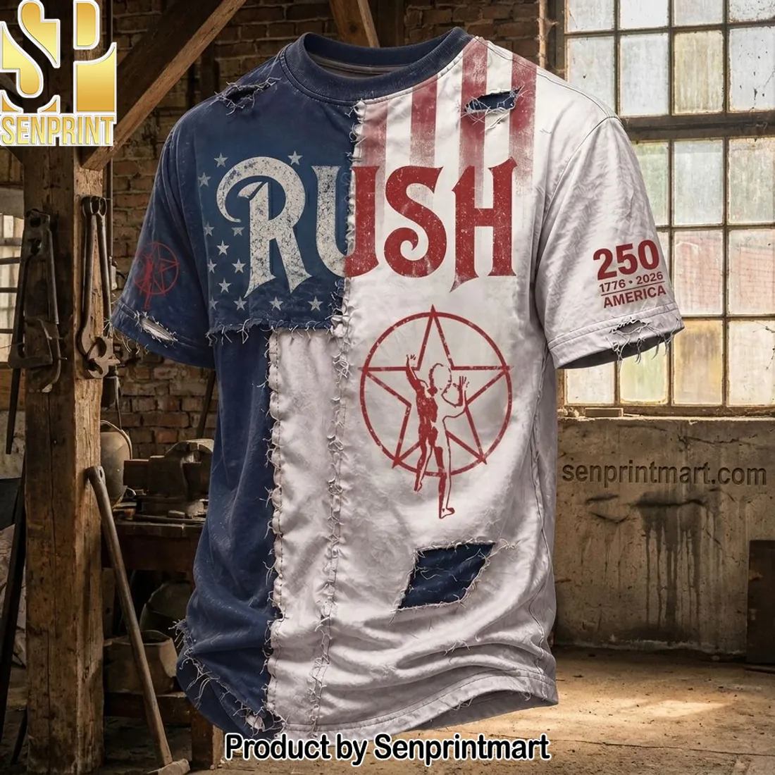Rush Band American Flag Distressed Patched T-Shirt