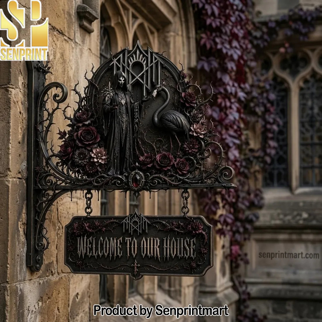 Gothic “WELCOME TO OUR HOUSE” Ornate Metal Welcome Sign