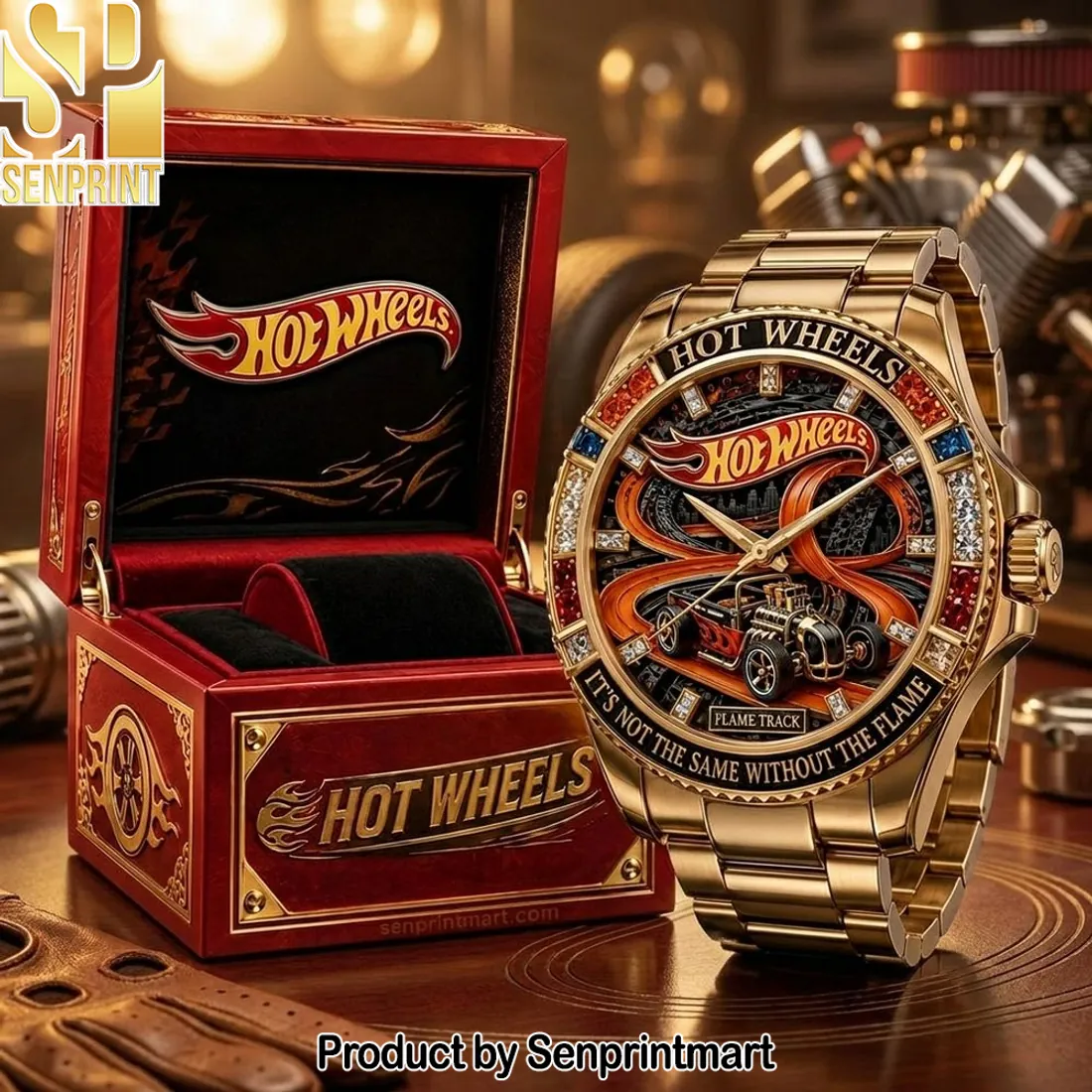 Hot Wheels Flame Track Gold-Tone Men’s Collectible Watch