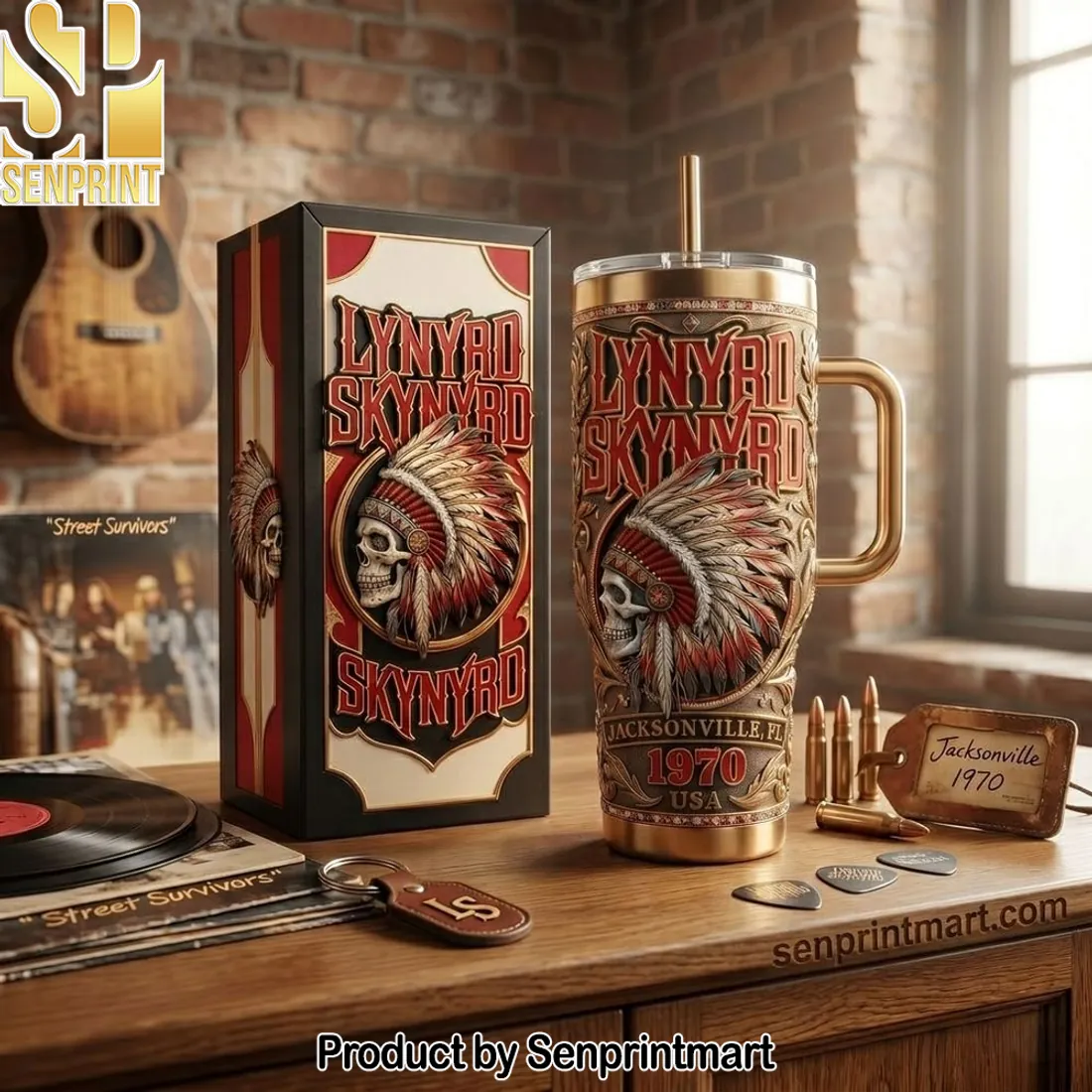 Lynyrd Skynyrd Vintage 1970 Skull Gold 40oz Tumbler With Handle