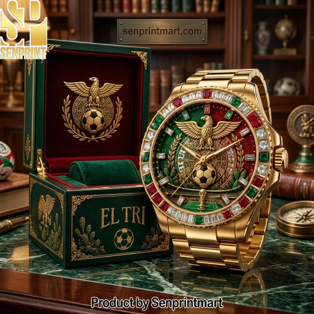 El Tri Mexico Soccer Luxury Gold Tone Jeweled Bezel Watch