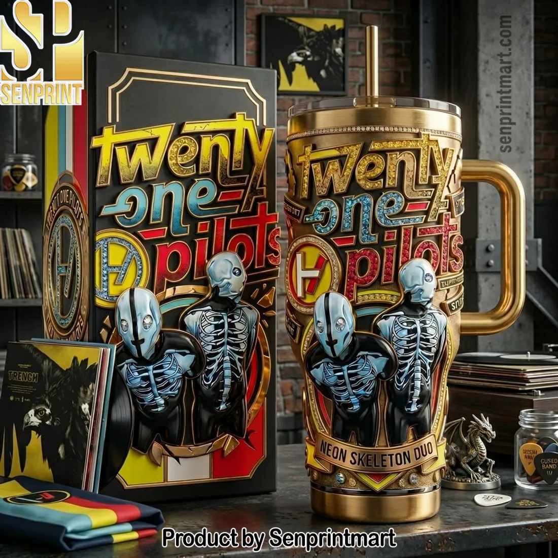 Twenty One Pilots Neon Skeleton Duo Gold 40oz Tumbler With Handle