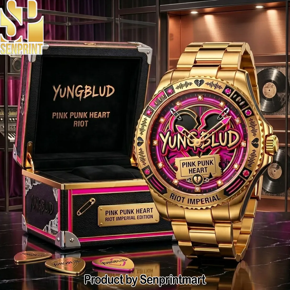 YUNGBLUD Pink Punk Heart Riot Imperial Edition Gold Tone Watch