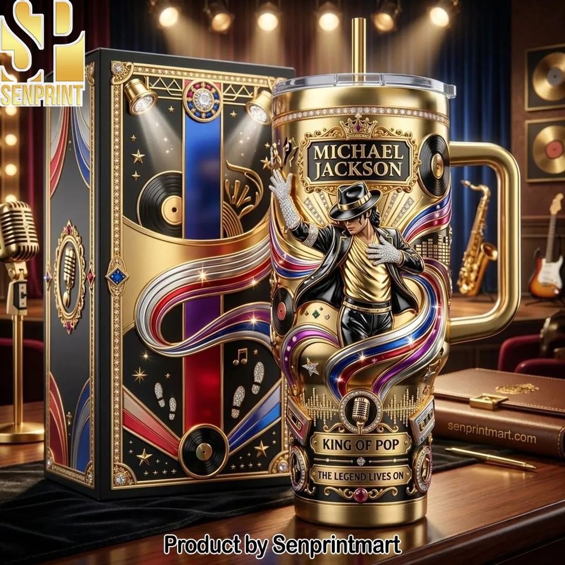 Michael Jackson King of Pop Golden 3D Embossed 40oz Tumbler with Handle
