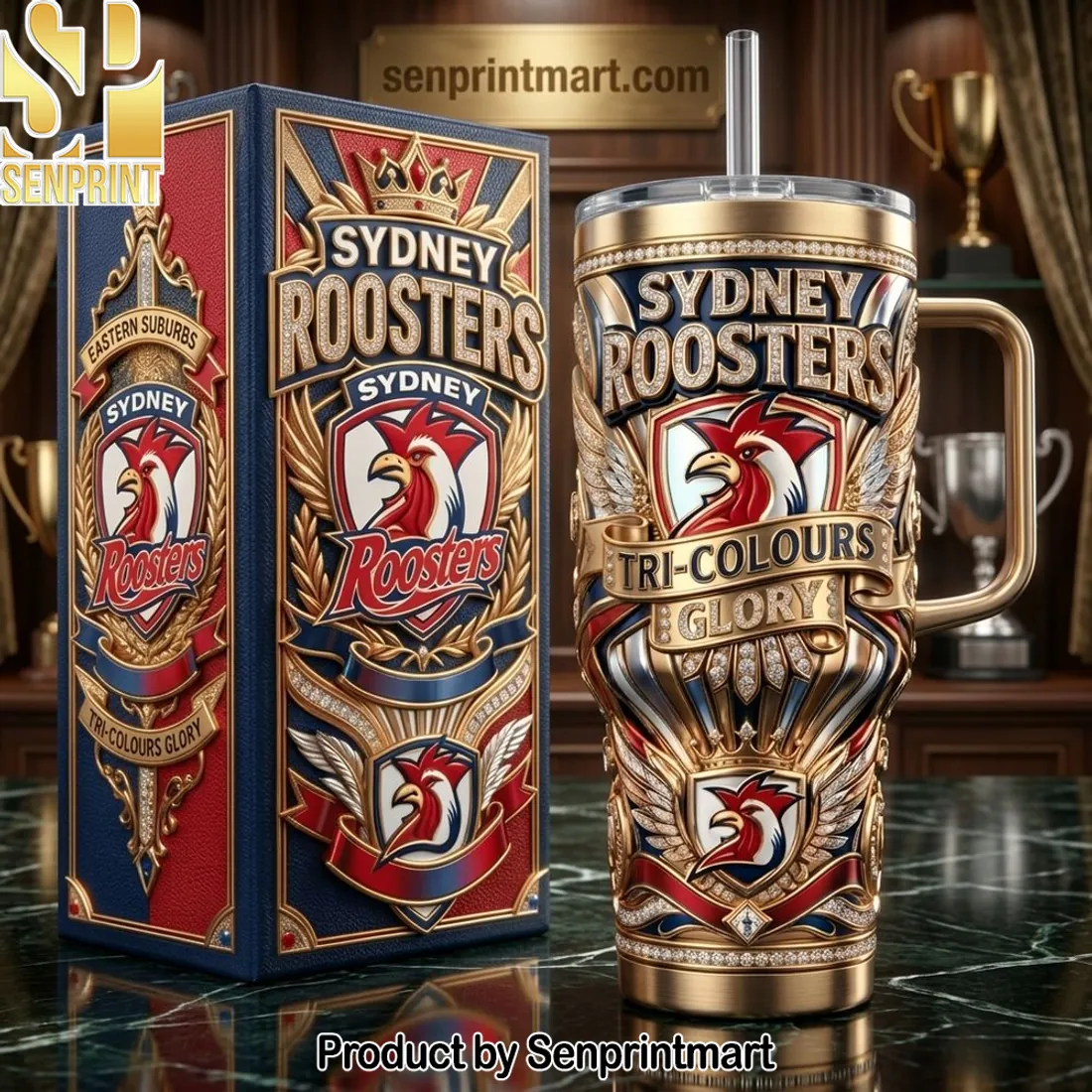 Sydney Roosters Tri-Colours Glory Luxury 40oz Tumbler with Handle