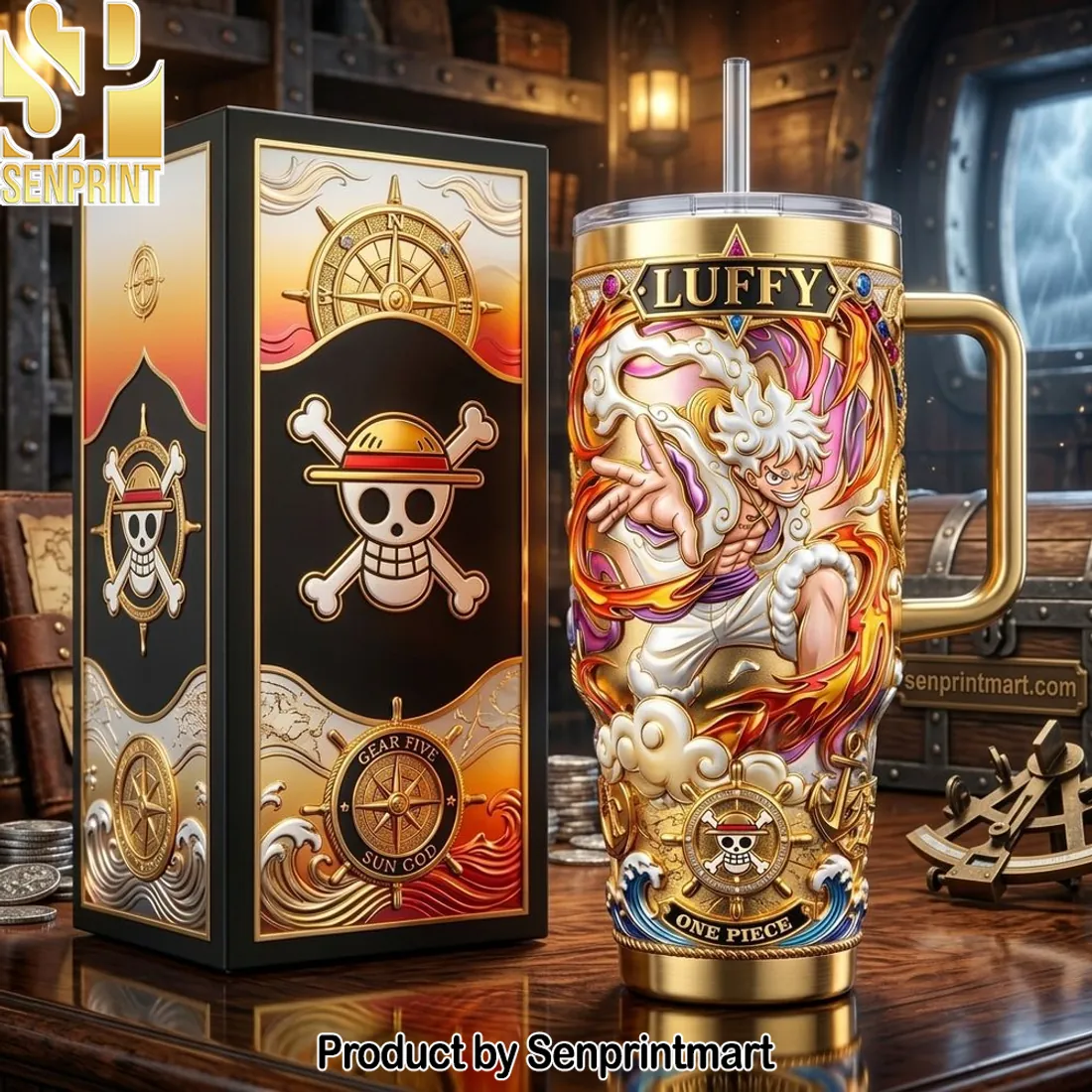 One Piece Luffy Gear Five Gold 3D Luxury Tumbler with Handle
