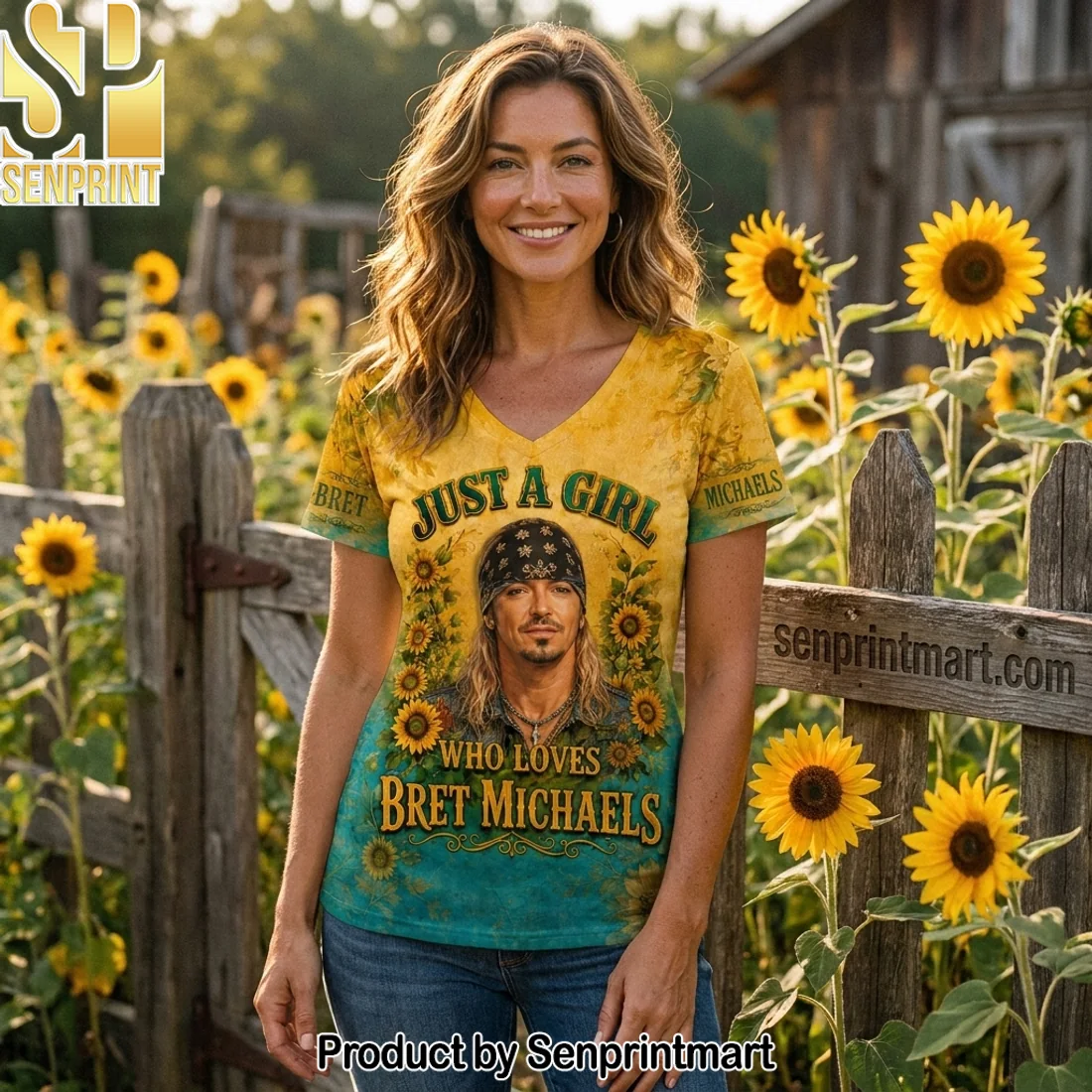 Just A Girl Who Loves Bret Michaels Sunflower Every Rose Has Its Thorn Women’s V-Neck Shirt