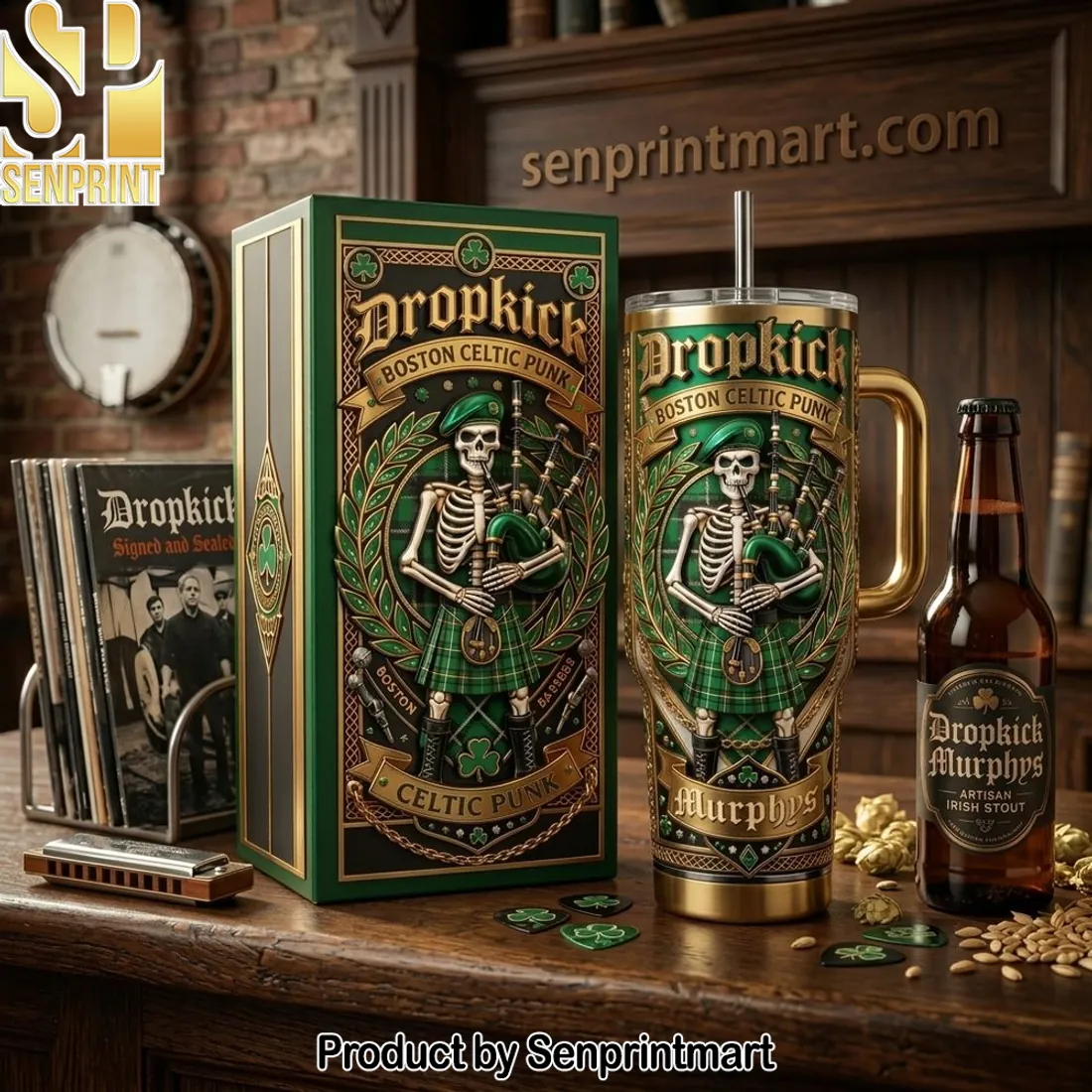Dropkick Murphys Boston Celtic Punk Skeleton 40oz Tumbler With Handle