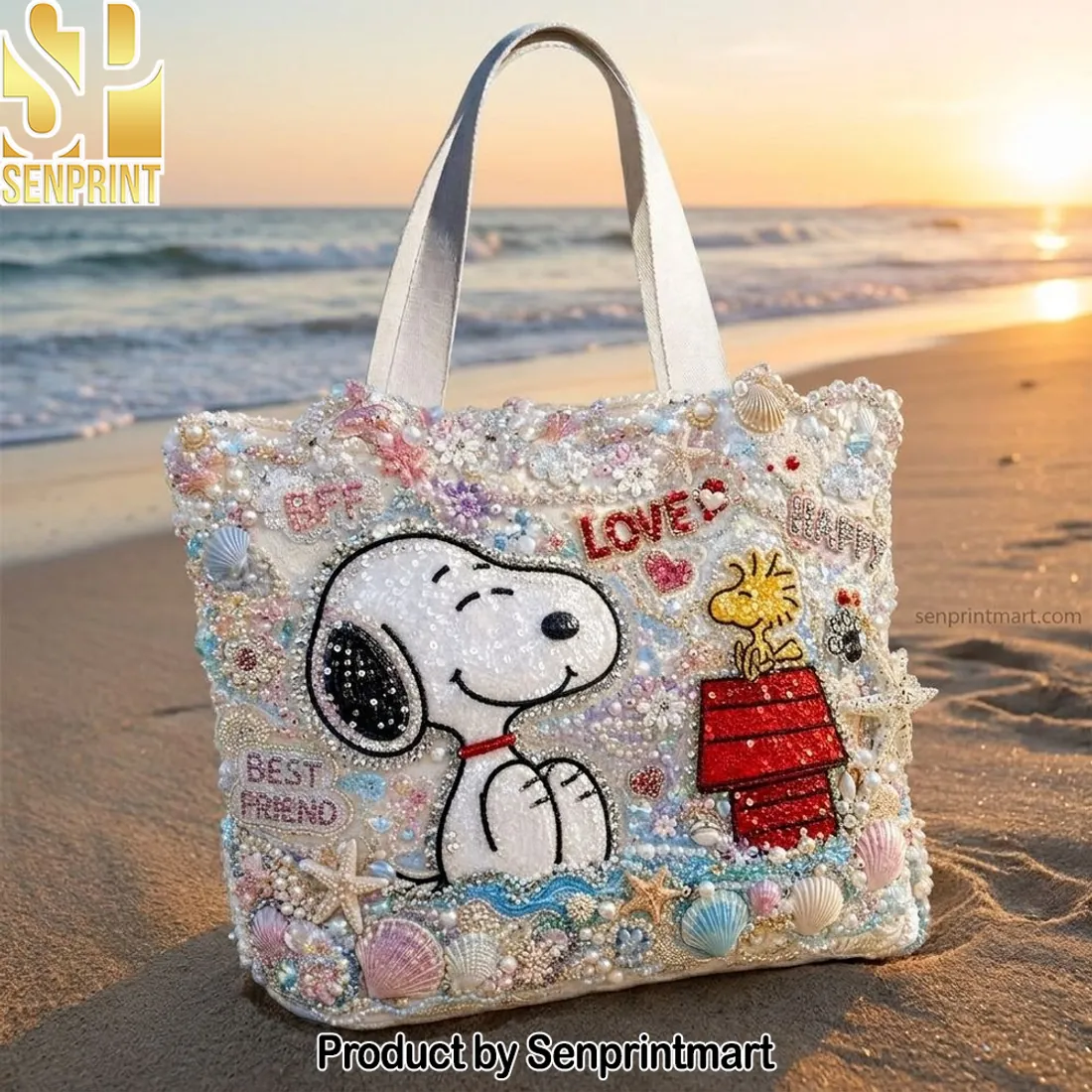 Snoopy Peanuts Sequin & Pearl Embellished Beach Tote Bag