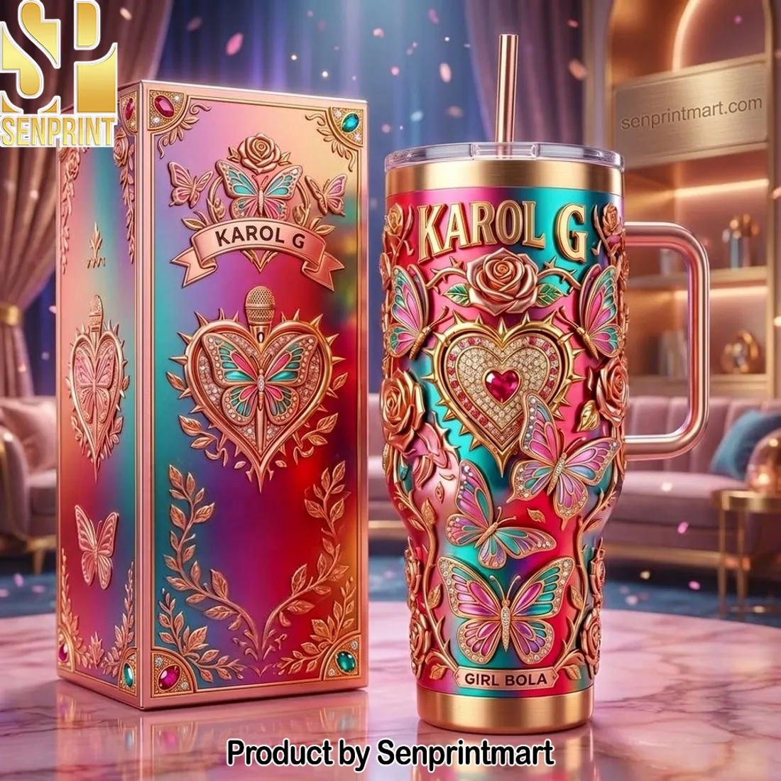 Karol G Luxury 3D Butterfly Heart Rose Insulated Tumbler with Handle