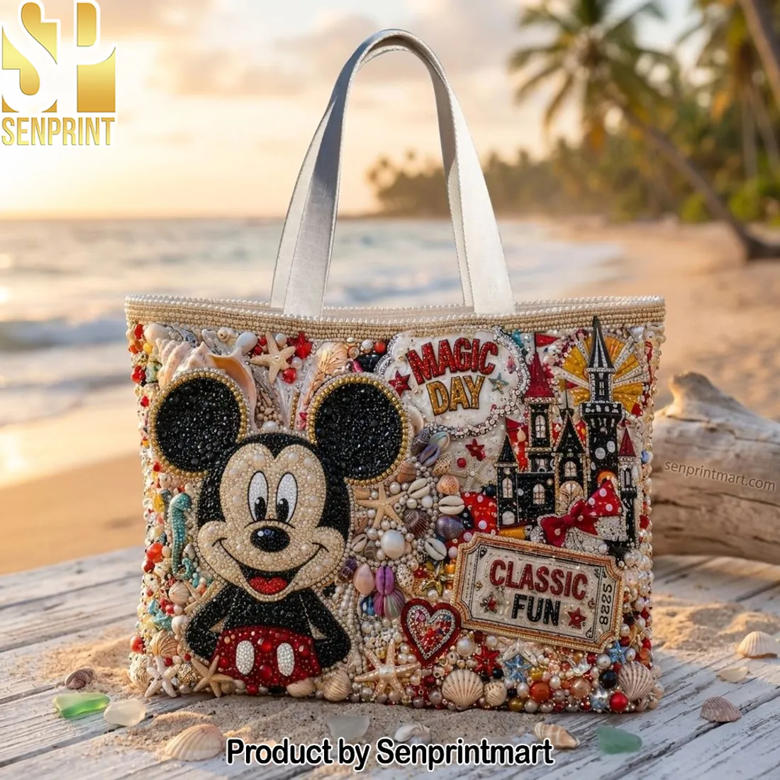 Mickey Mouse “Magic Day” Embellished Castle Beach Tote Bag