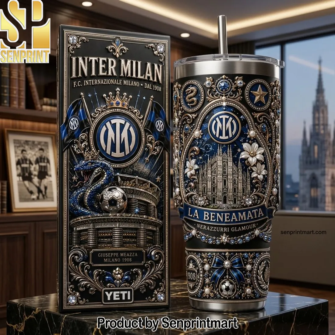 Inter Milan La Beneamata Luxury 3D Embossed Stainless Steel 40oz Tumbler