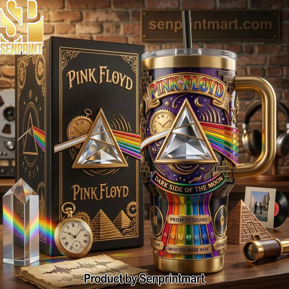 Pink Floyd Dark Side of the Moon 3D Prism Design Tumbler with Handle