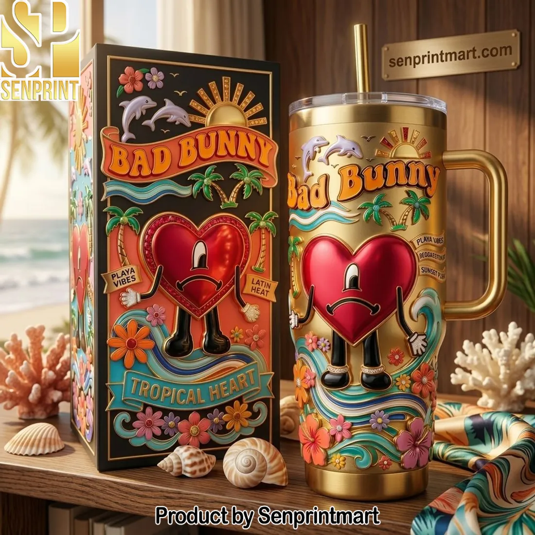 Bad Bunny Tropical Heart Gold Insulated Tumbler With Handle