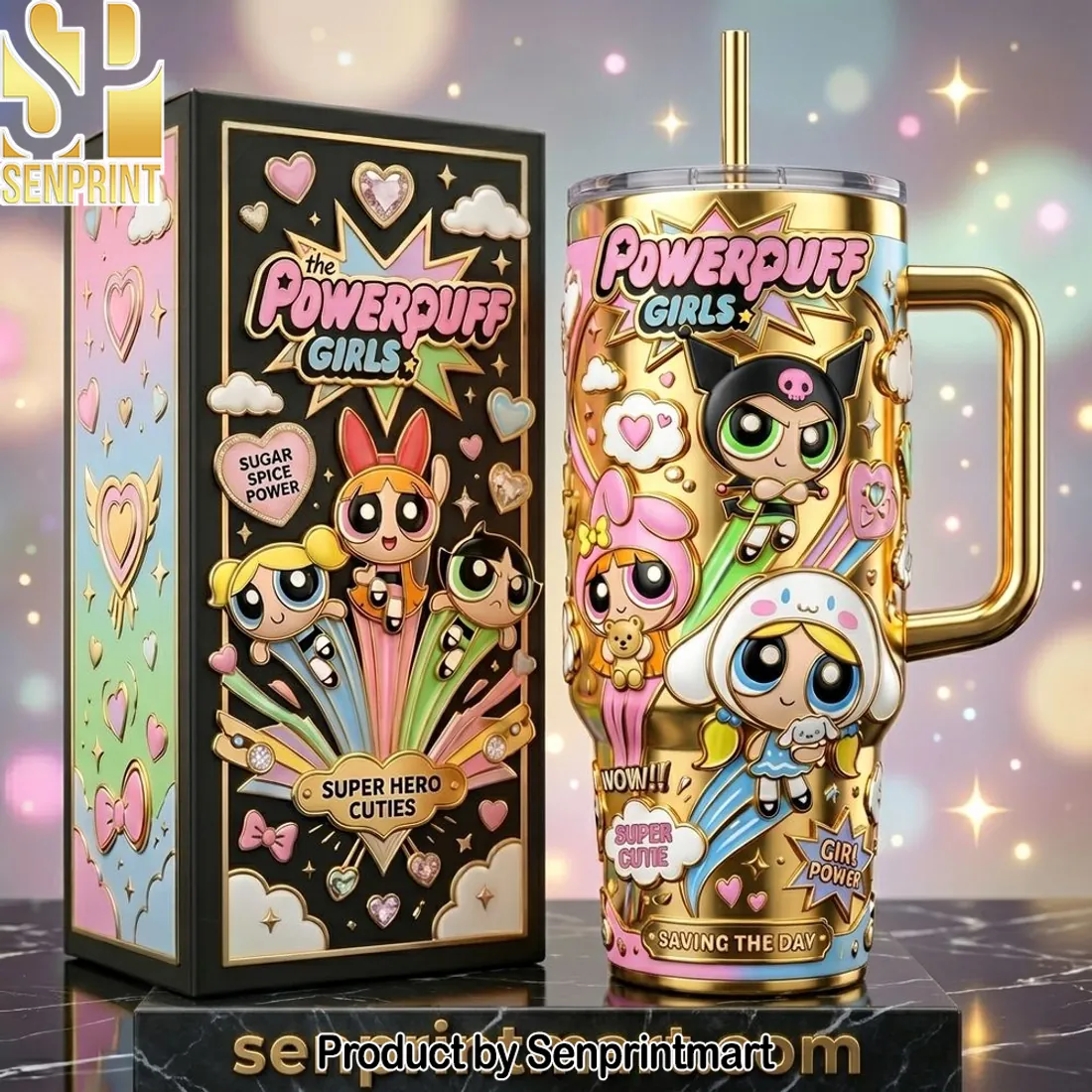 Powerpuff Girls Golden 3D Embossed Super Hero Cuties Tumbler