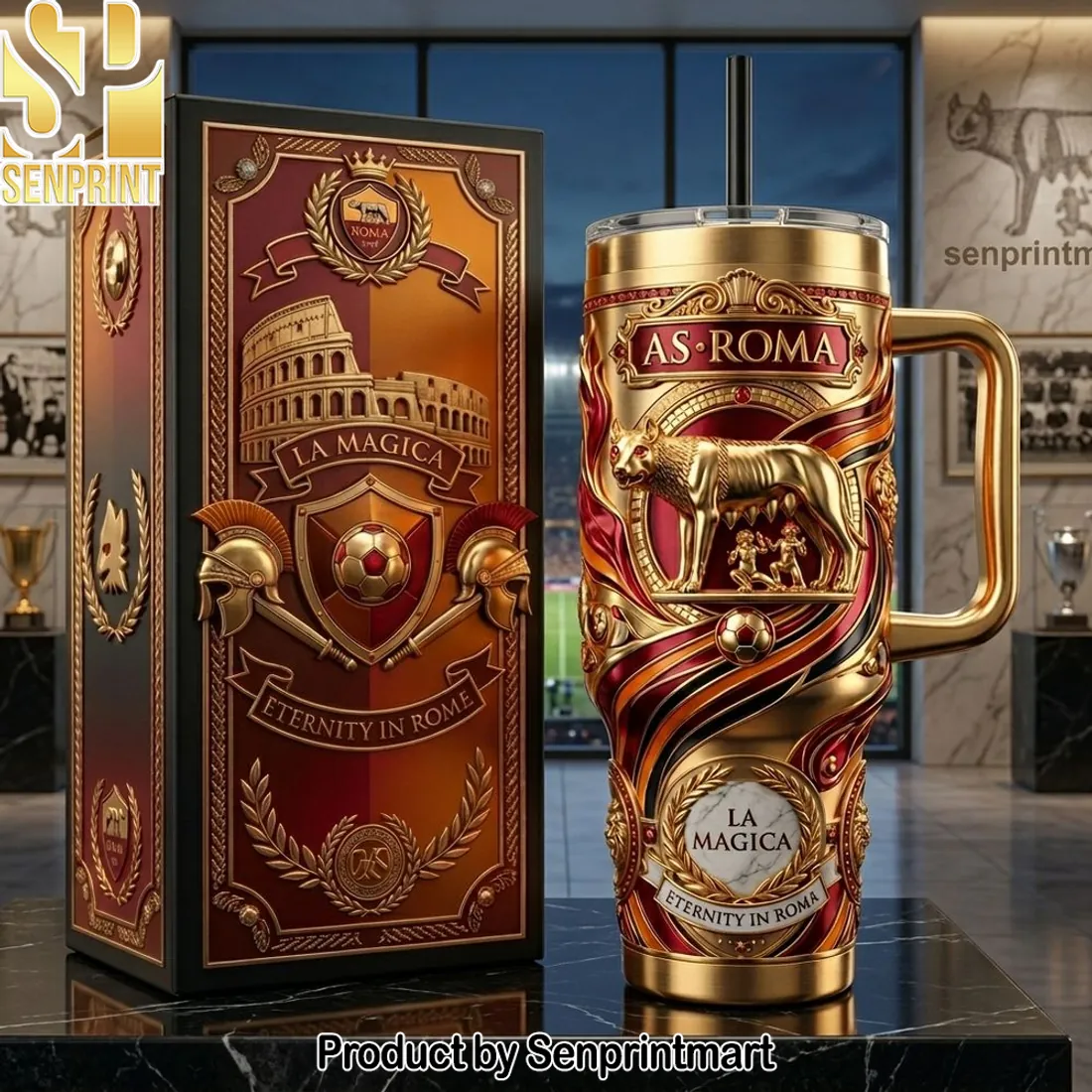 AS Roma “La Magica” Gold 3D Embossed Tumbler With Handle