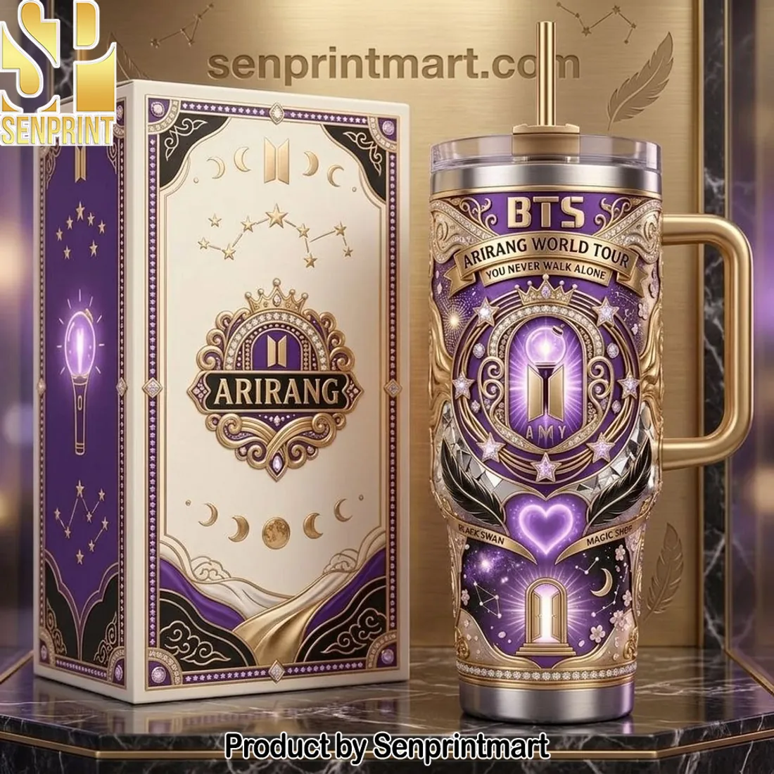 BTS Arirang World Tour You Never Walk Alone Ornate Purple Gold 40oz Tumbler With Handle