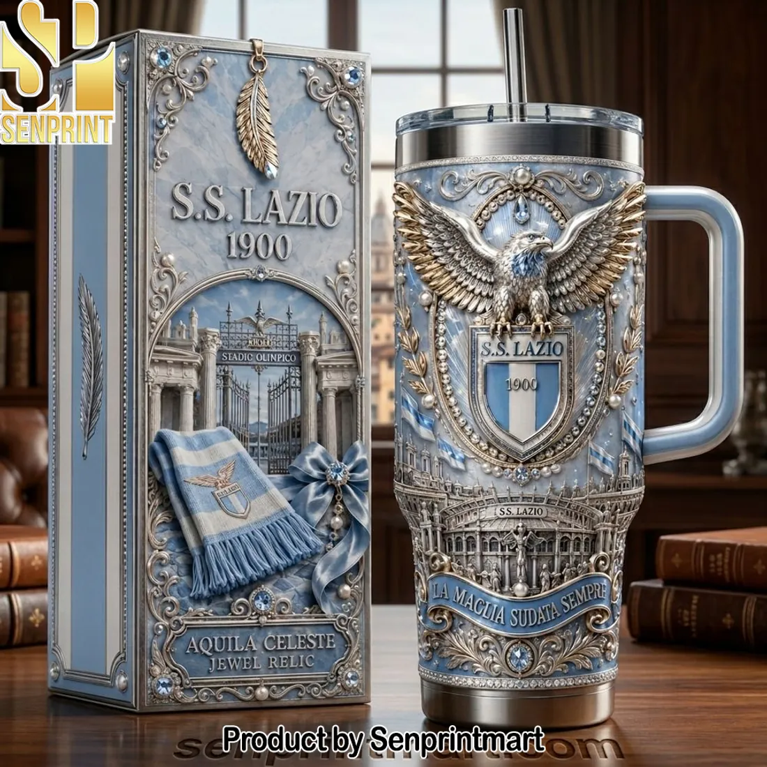 S.S. Lazio 1900 Aquila Celeste Luxury Jewel Relic 40oz Tumbler With Handle