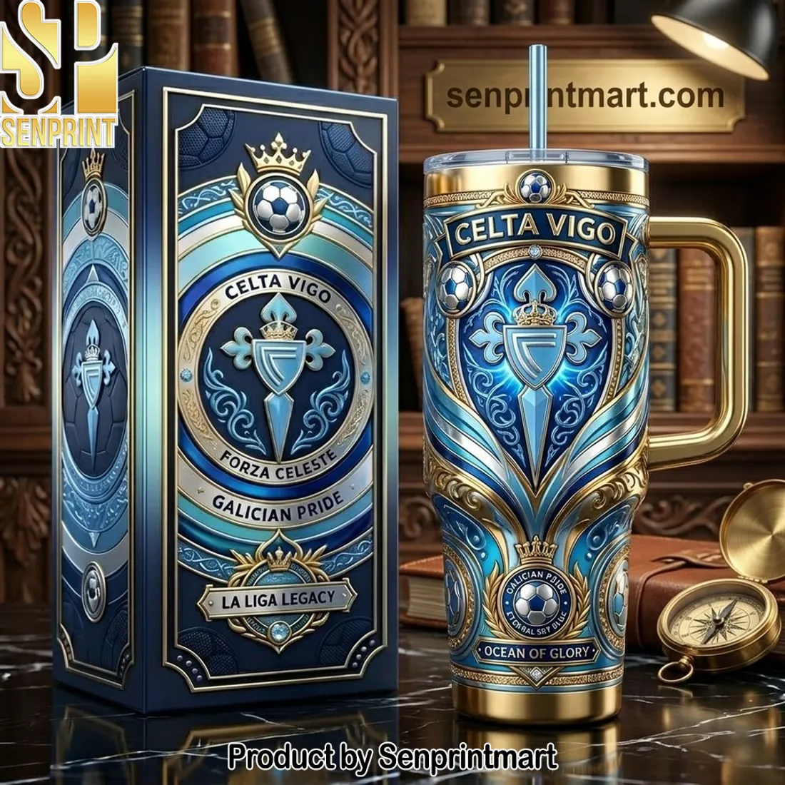 Celta Vigo Forza Celeste Premium Gold and Blue 40oz Tumbler With Handle