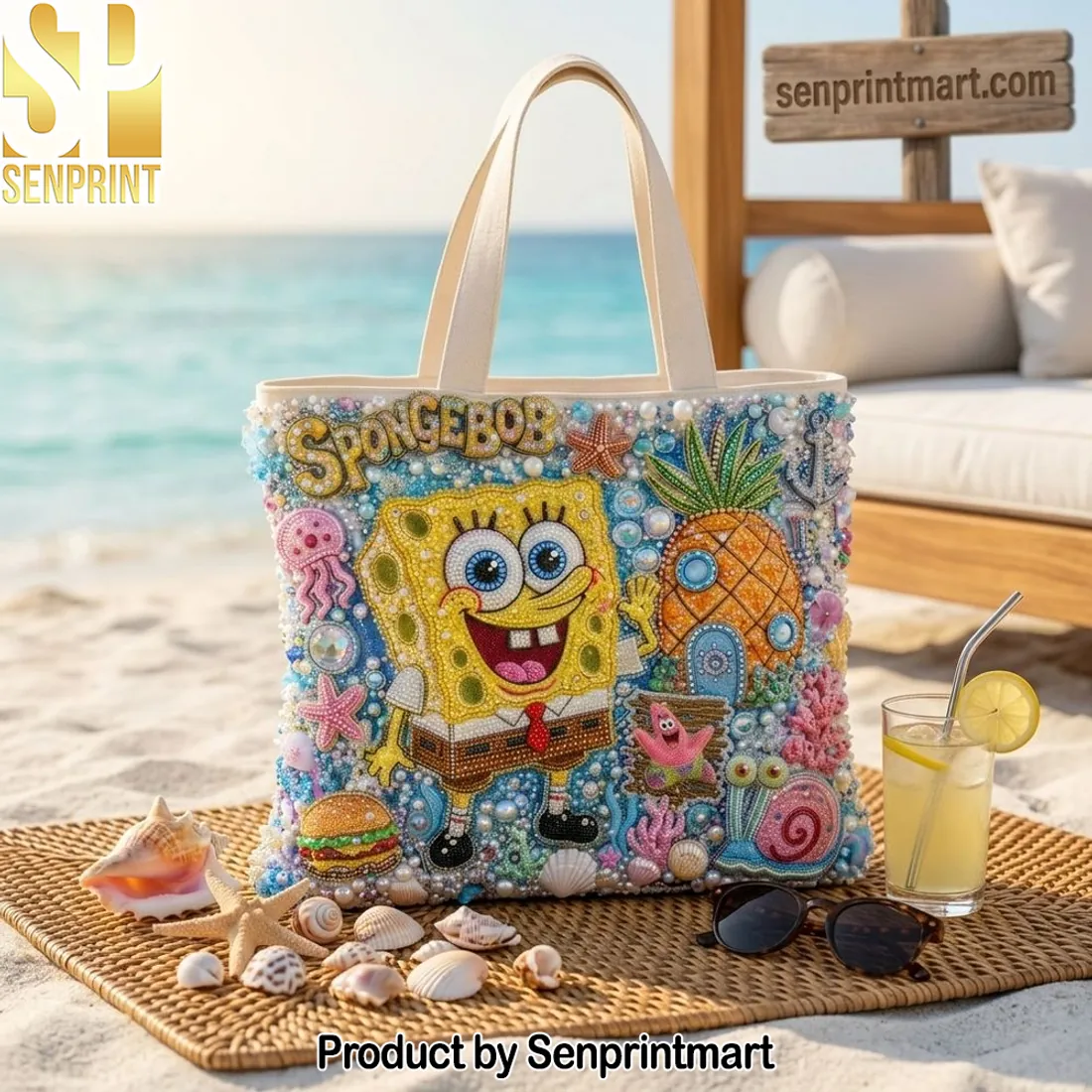 SpongeBob SquarePants Beaded Pearl Embellished Beach Tote Bag