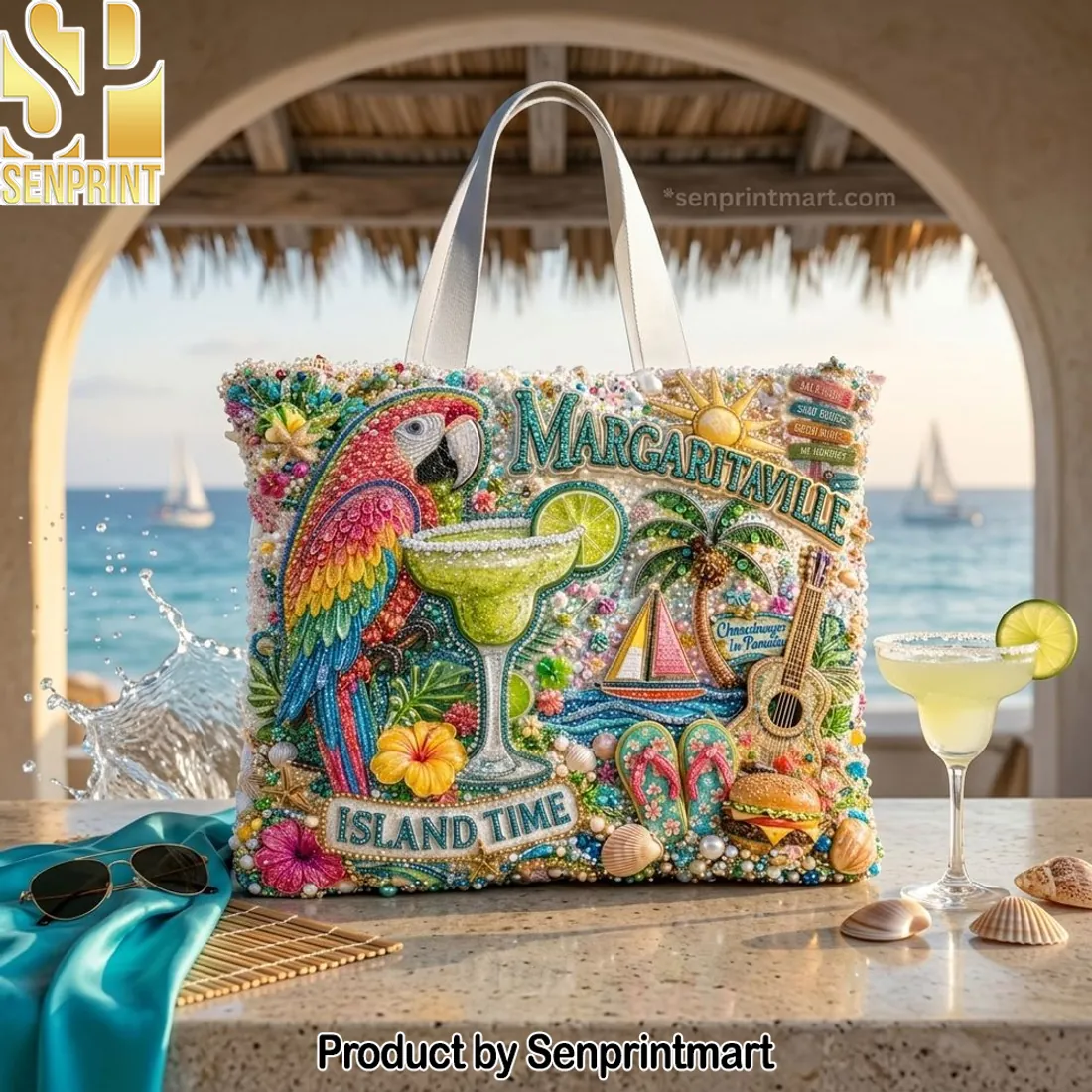Margaritaville Island Time Tropical Parrot Beaded Print Tote Bag