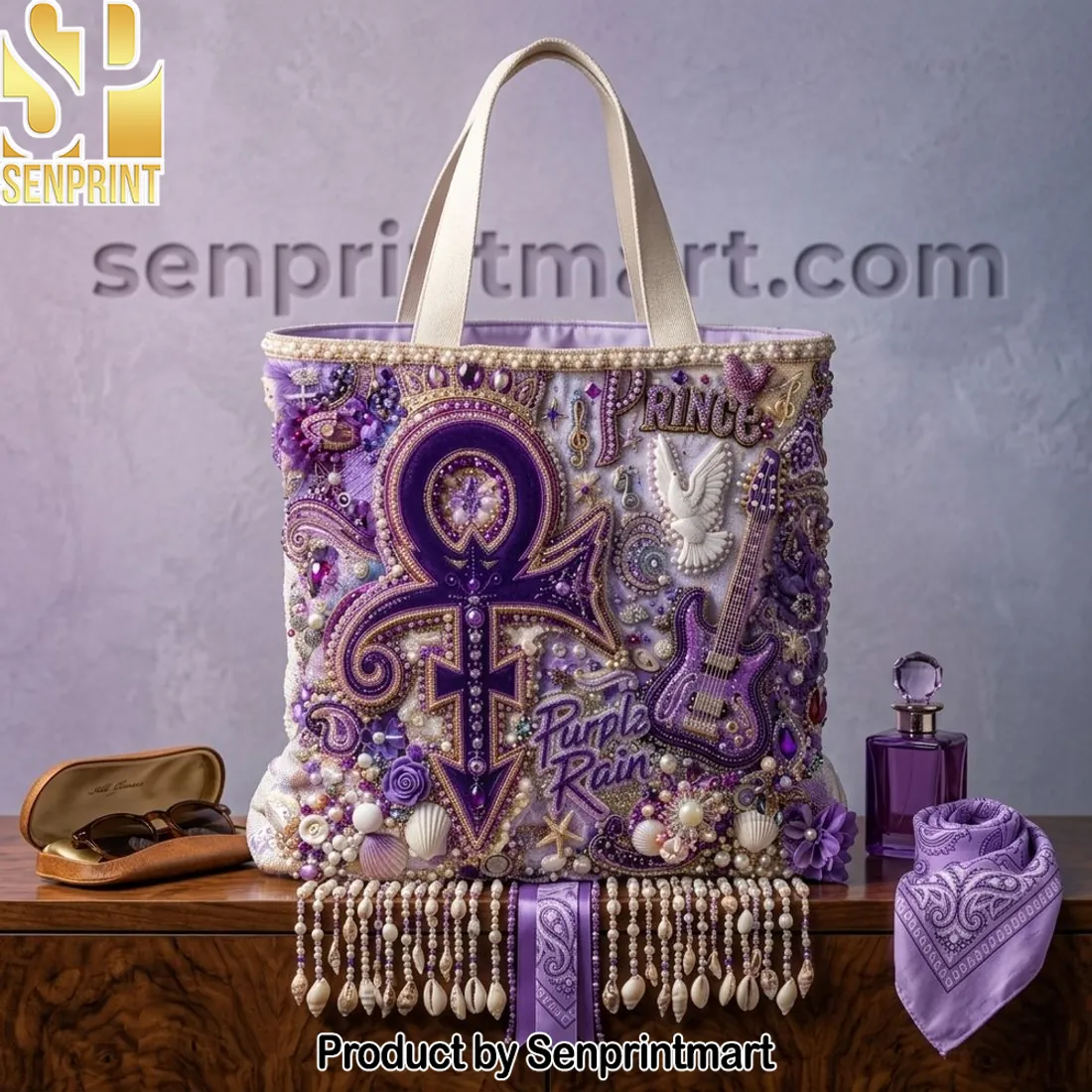 Prince Purple Rain Love Symbol Embellished Tote Bag