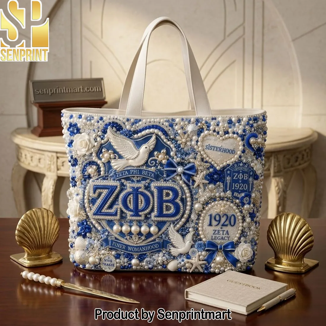 Zeta Phi Beta 1920 Sisterhood Pearl Beaded Luxury Tote Bag