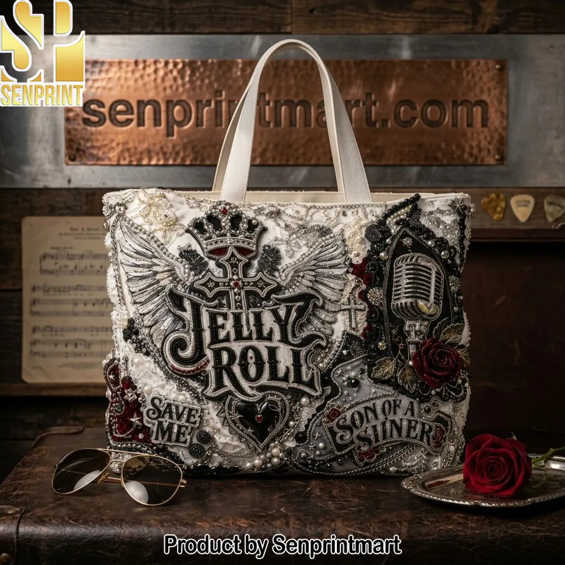 Jelly Roll Save Me Son of a Sinner Embellished Tote Bag