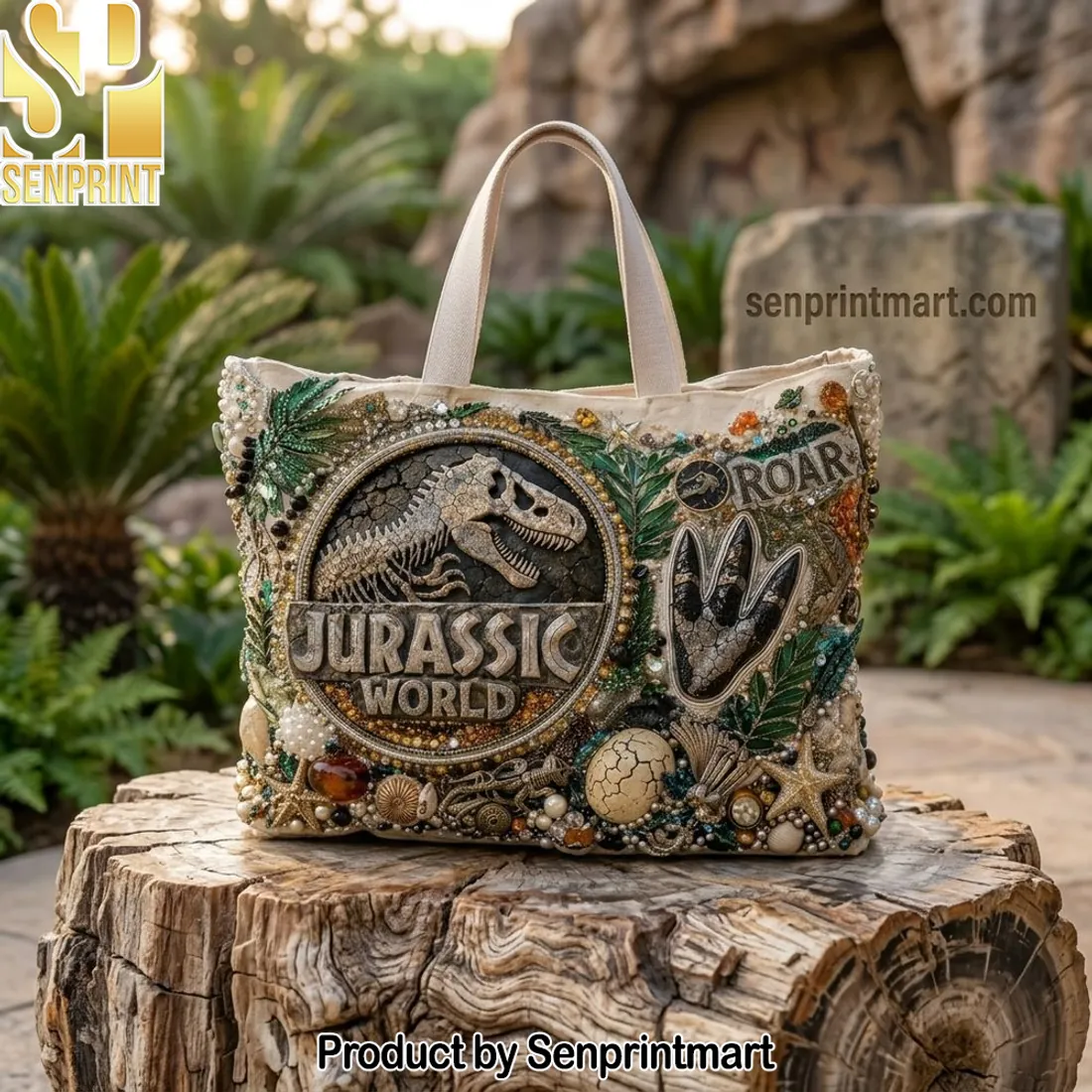 Jurassic World Beaded Embroidered Dinosaur Tote Bag