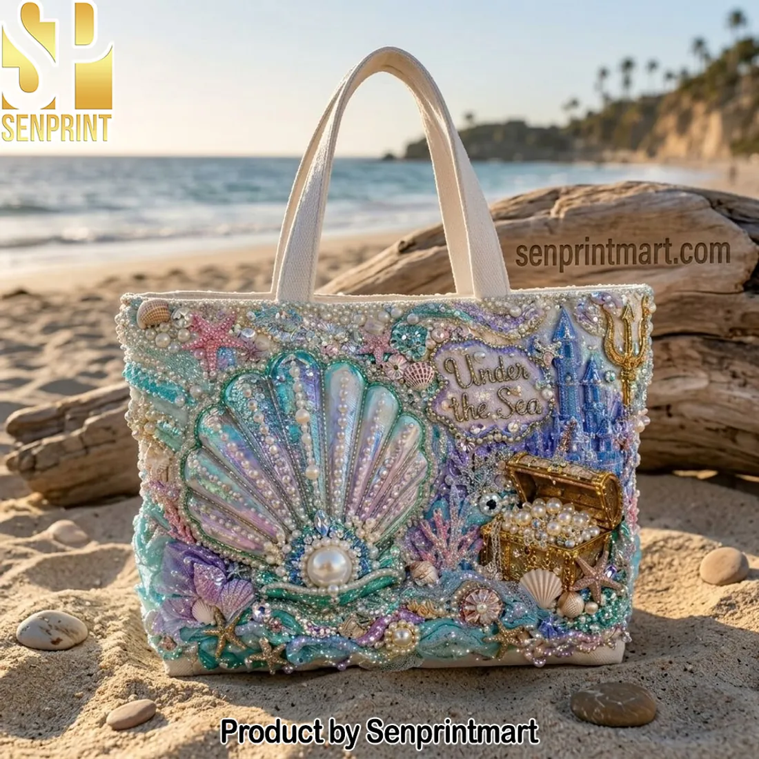 Under the Sea Mermaid Pearl Embellished 3D Beaded Tote Bag