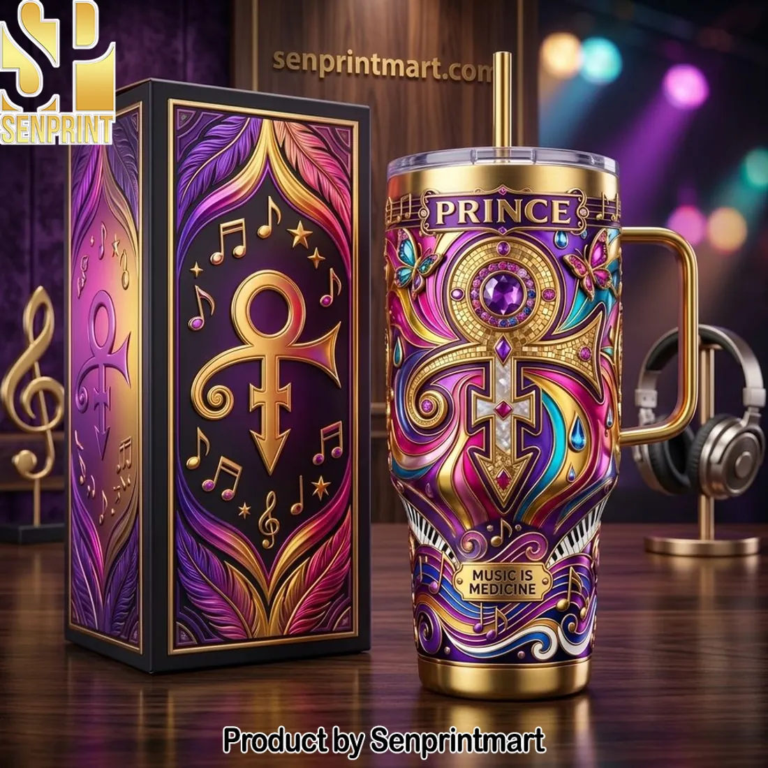 Prince Love Symbol Purple and Gold Luxury 40oz Tumbler with Handle