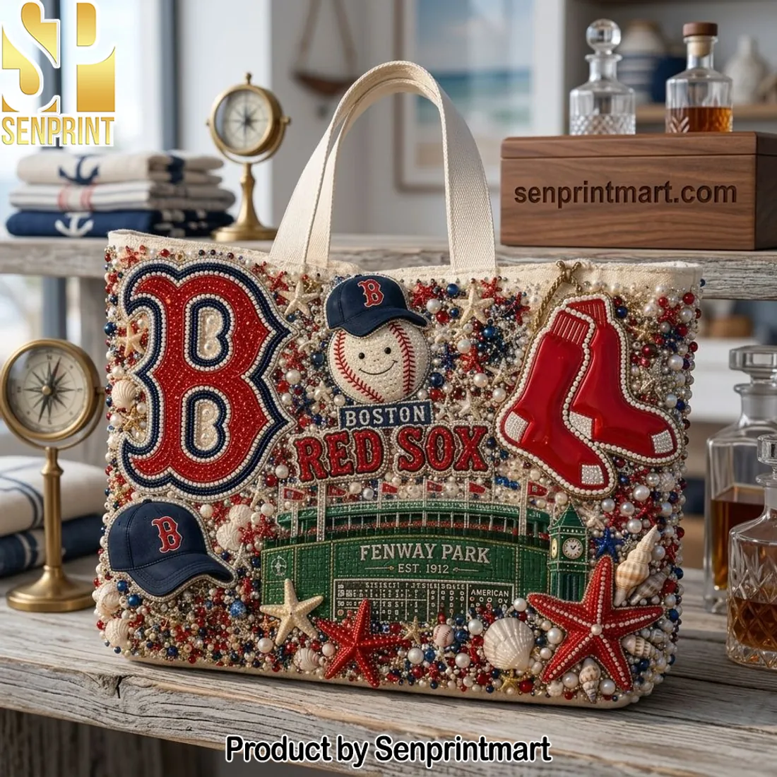 Boston Red Sox Fenway Park Est 1912 Beaded Embellished Tote Bag