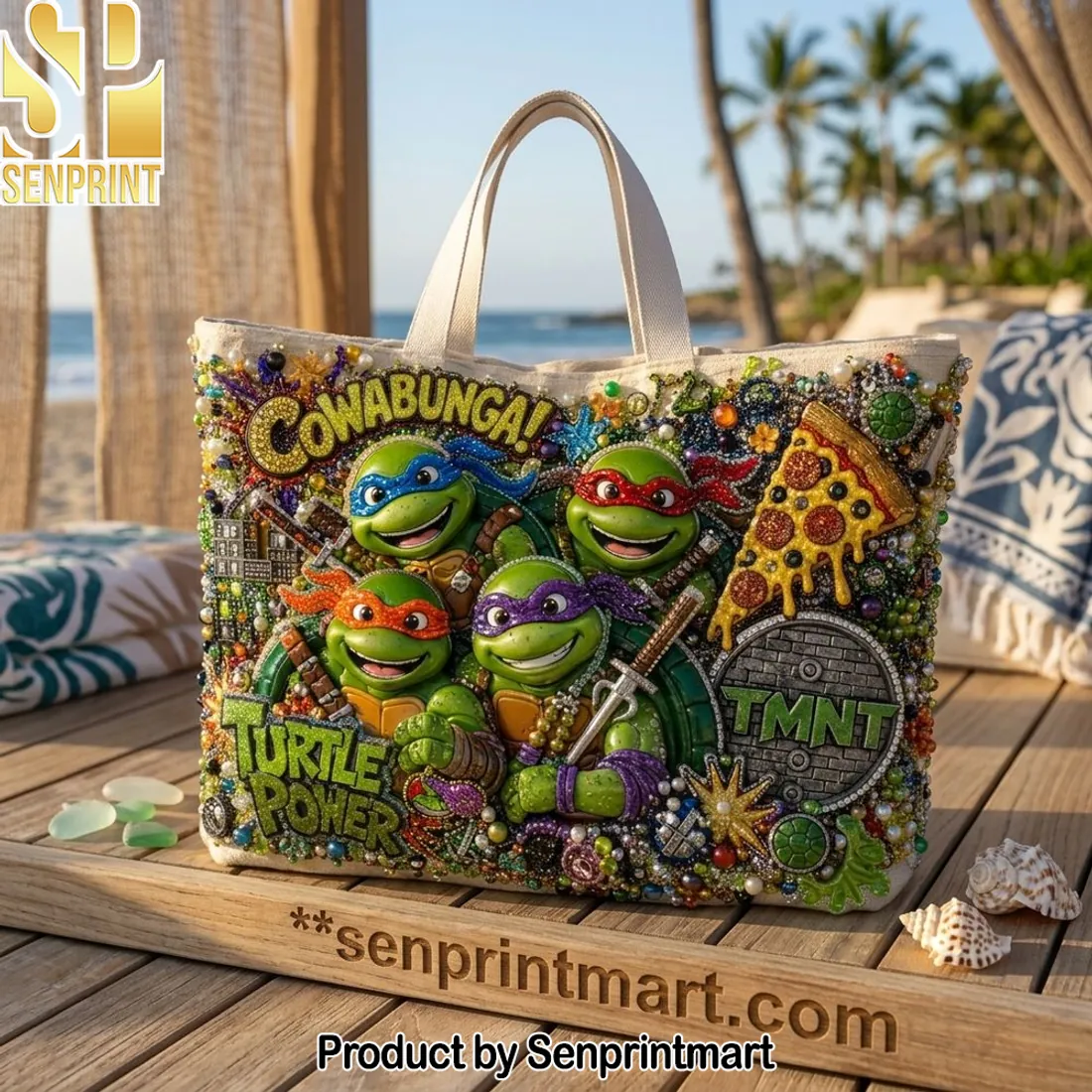 TMNT Cowabunga Turtle Power Beaded Embellished Canvas Tote Bag